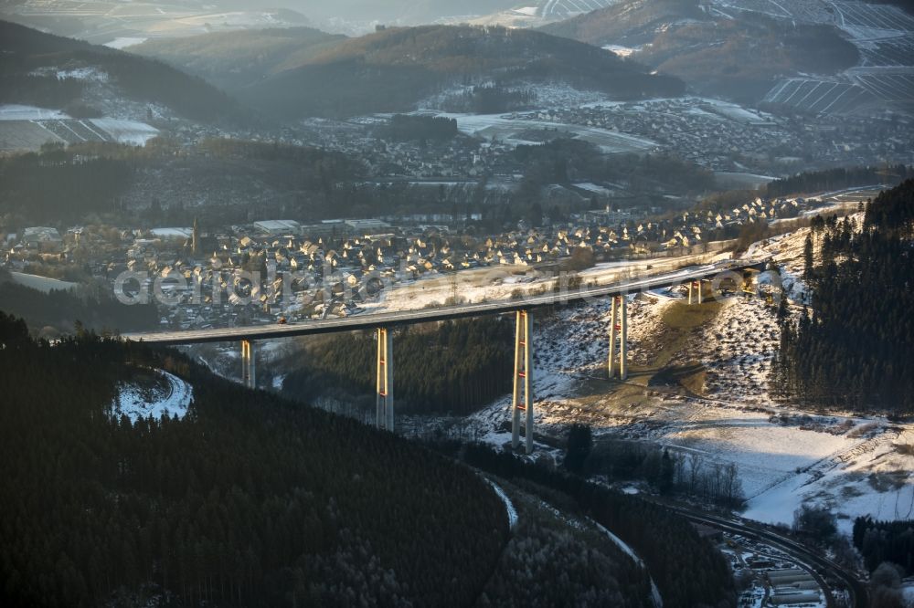 Bestwig from the bird's eye view: Viaduct Nuttlar under construction overlooking the municipality Bestwig in North Rhine-Westphalia