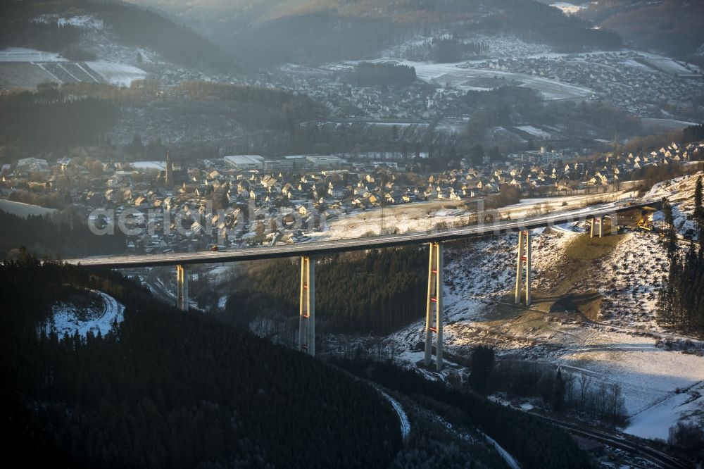 Aerial image Bestwig - Viaduct Nuttlar under construction overlooking the municipality Bestwig in North Rhine-Westphalia