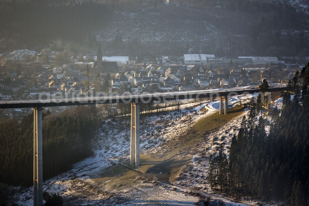 Aerial photograph Bestwig - Viaduct Nuttlar under construction overlooking the municipality Bestwig in North Rhine-Westphalia