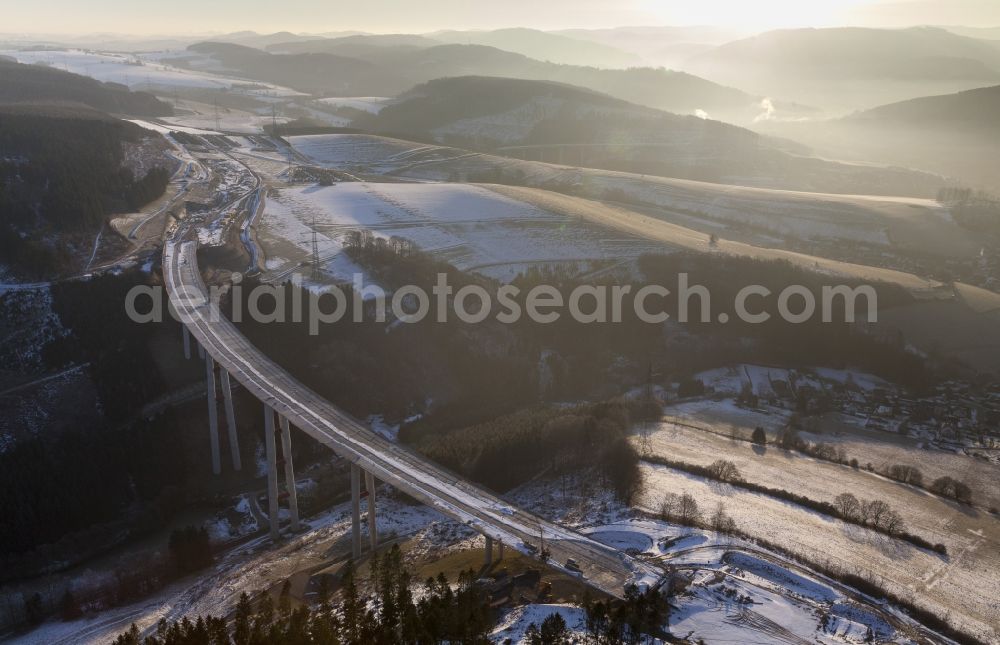 Aerial image Bestwig - Viaduct Nuttlar under construction overlooking the municipality Bestwig in North Rhine-Westphalia