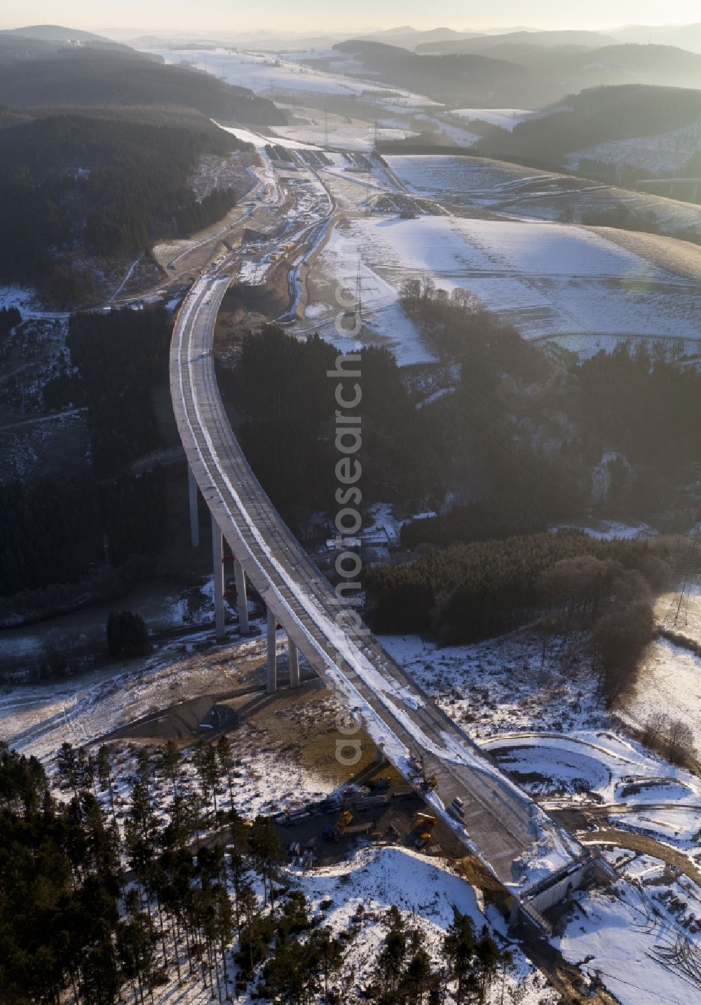 Aerial photograph Bestwig - Viaduct Nuttlar under construction overlooking the municipality Bestwig in North Rhine-Westphalia