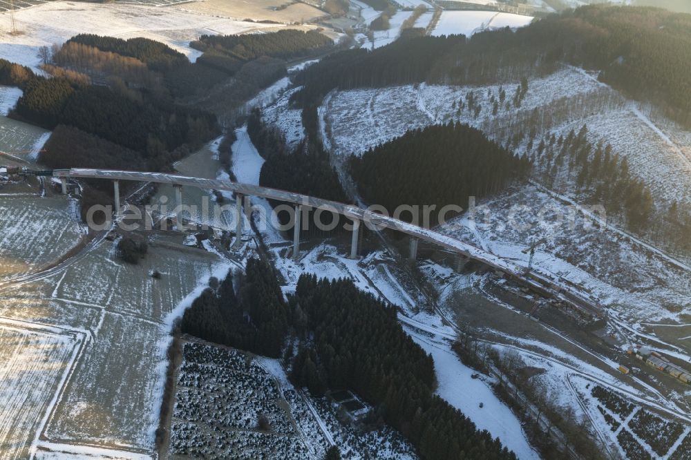 Bestwig from above - Viaduct Nuttlar under construction overlooking the municipality Bestwig in North Rhine-Westphalia