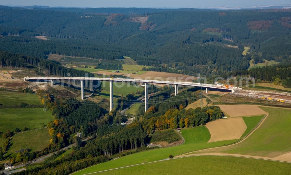 Aerial image Bestwig - Viaduct Nuttlar under construction overlooking the municipality Bestwig in North Rhine-Westphalia