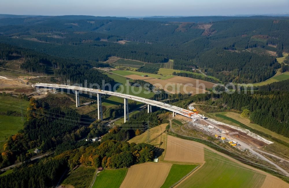 Aerial photograph Bestwig - Viaduct Nuttlar under construction overlooking the municipality Bestwig in North Rhine-Westphalia