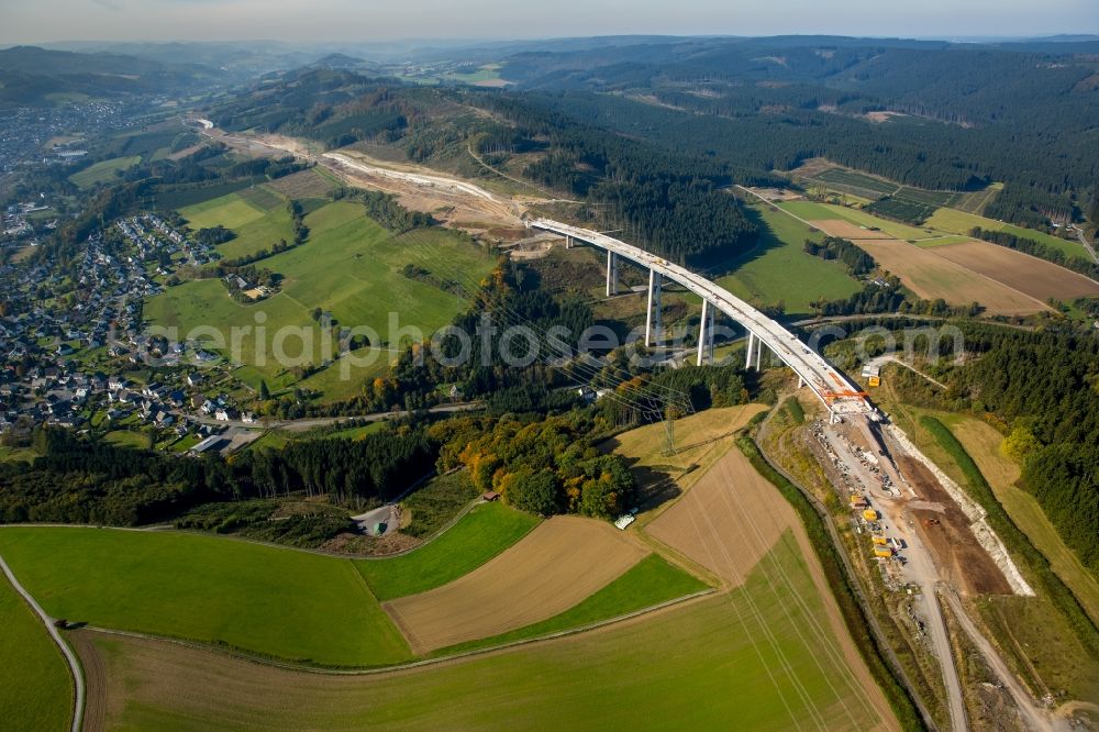 Bestwig from above - Viaduct Nuttlar under construction overlooking the municipality Bestwig in North Rhine-Westphalia