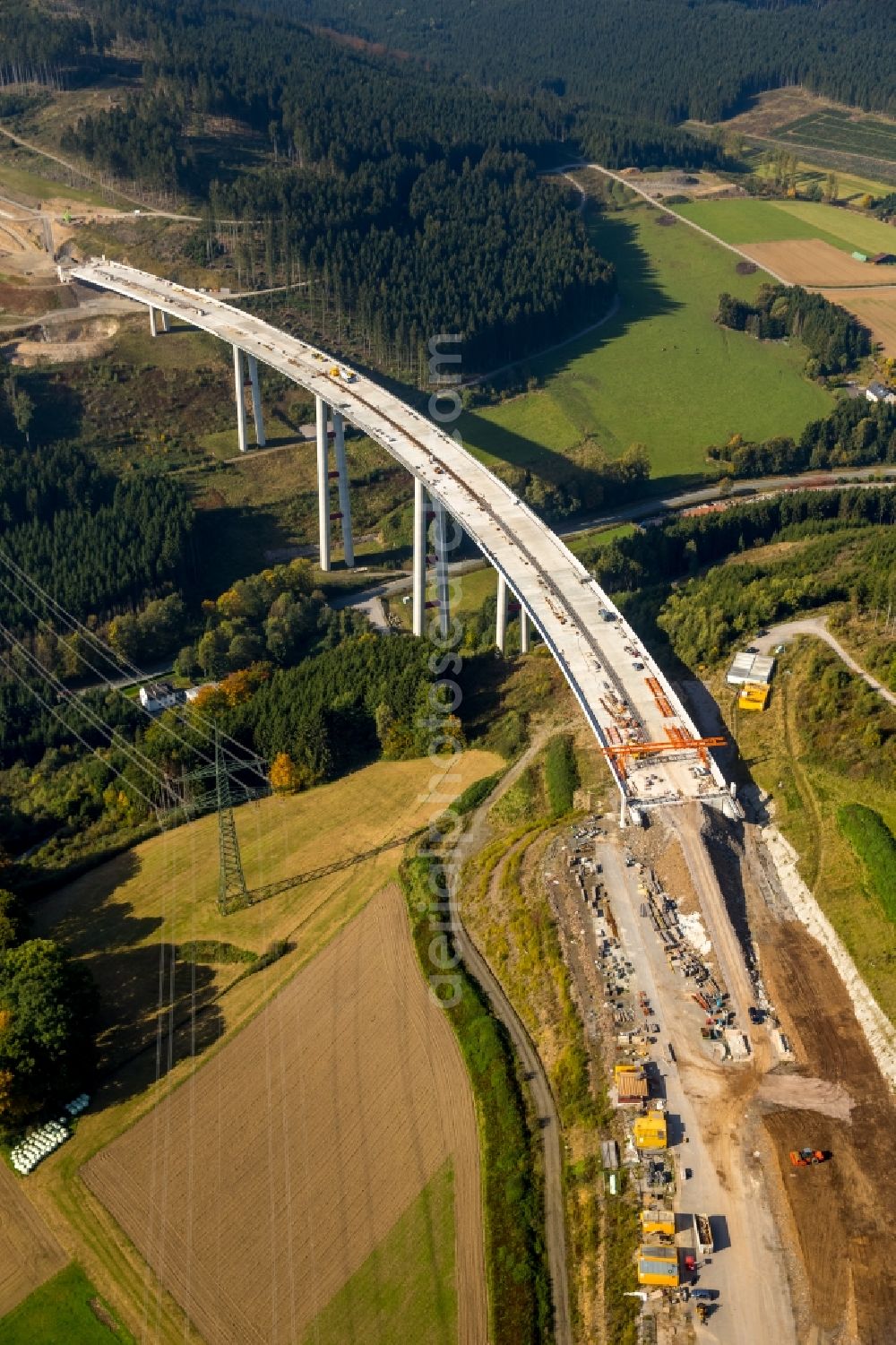 Bestwig from the bird's eye view: Viaduct Nuttlar under construction overlooking the municipality Bestwig in North Rhine-Westphalia