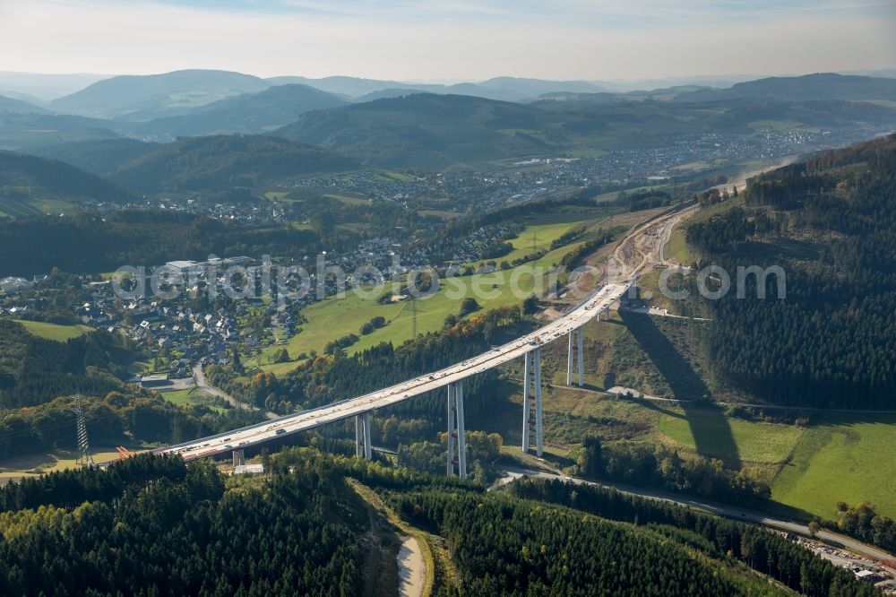 Aerial image Bestwig - Viaduct Nuttlar under construction overlooking the municipality Bestwig in North Rhine-Westphalia