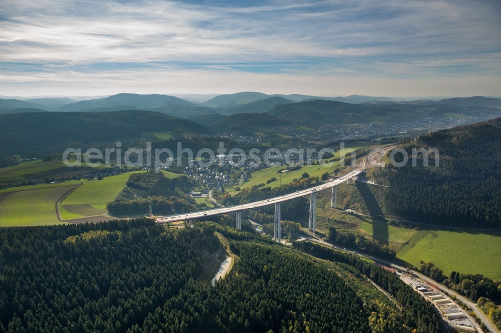 Aerial photograph Bestwig - Viaduct Nuttlar under construction overlooking the municipality Bestwig in North Rhine-Westphalia