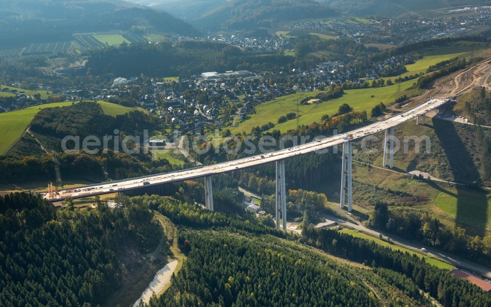 Bestwig from above - Viaduct Nuttlar under construction overlooking the municipality Bestwig in North Rhine-Westphalia