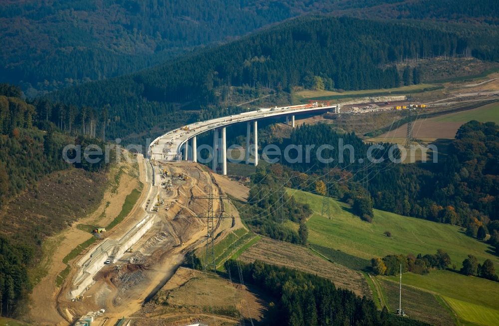 Aerial image Bestwig - Viaduct Nuttlar under construction overlooking the municipality Bestwig in North Rhine-Westphalia