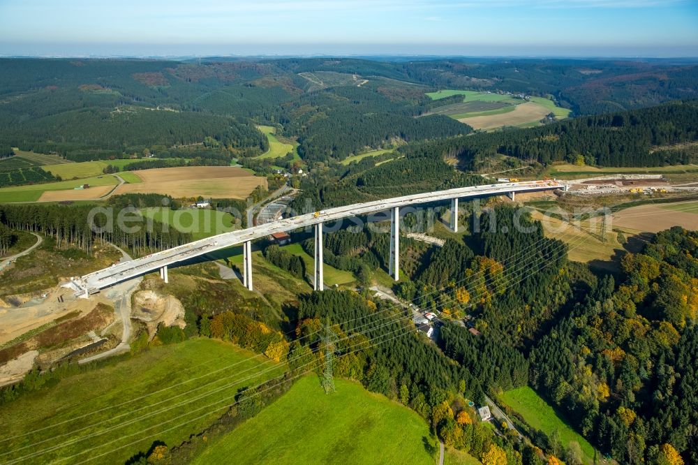 Aerial image Bestwig - Viaduct Nuttlar under construction overlooking the municipality Bestwig in North Rhine-Westphalia