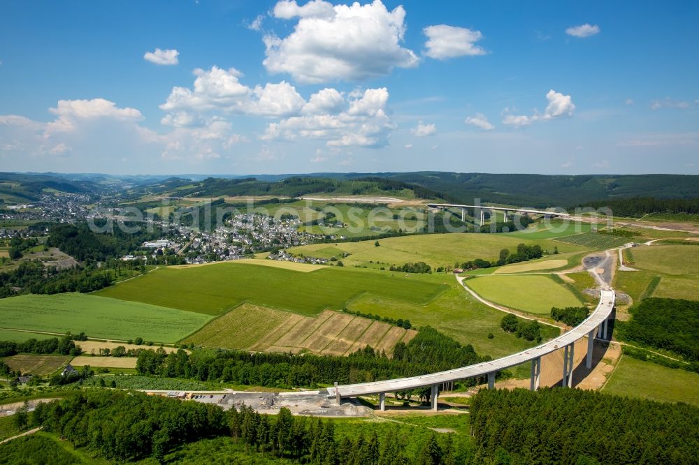 Bestwig from above - Viaduct Nuttlar under construction overlooking the municipality Bestwig in North Rhine-Westphalia