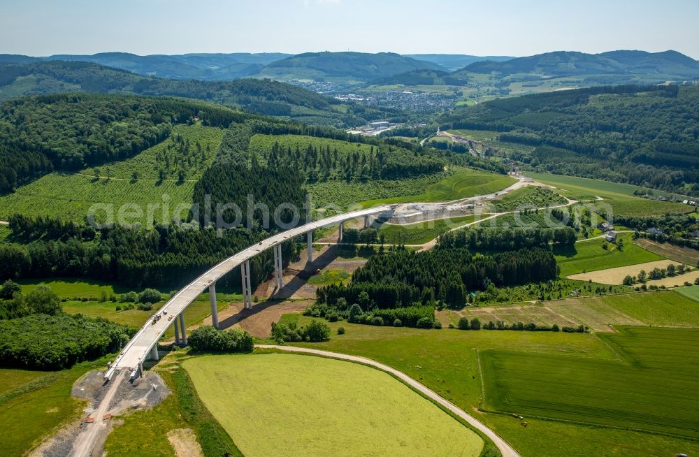 Aerial image Bestwig - Viaduct Nuttlar under construction overlooking the municipality Bestwig in North Rhine-Westphalia