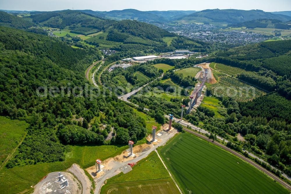 Aerial photograph Bestwig - Viaduct Nuttlar under construction overlooking the municipality Bestwig in North Rhine-Westphalia