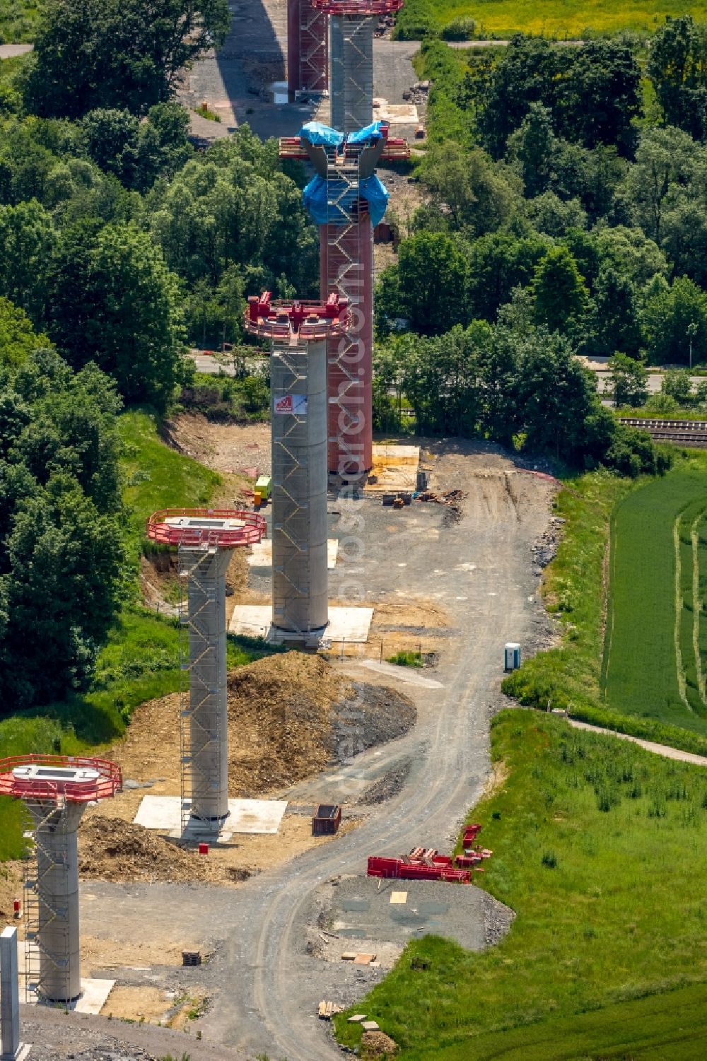 Bestwig from above - Viaduct Nuttlar under construction overlooking the municipality Bestwig in North Rhine-Westphalia