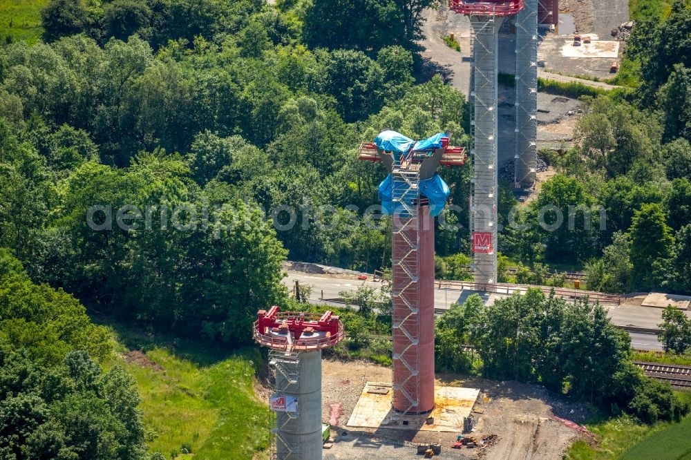 Aerial image Bestwig - Viaduct Nuttlar under construction overlooking the municipality Bestwig in North Rhine-Westphalia