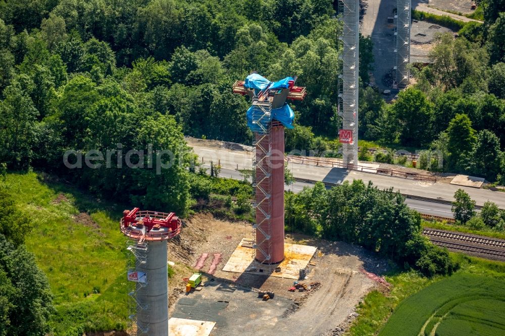 Aerial photograph Bestwig - Viaduct Nuttlar under construction overlooking the municipality Bestwig in North Rhine-Westphalia