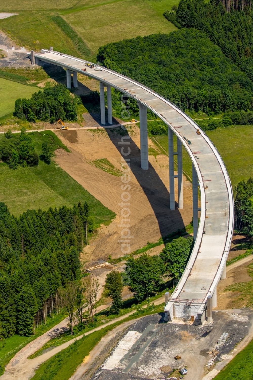 Bestwig from above - Viaduct Nuttlar under construction overlooking the municipality Bestwig in North Rhine-Westphalia