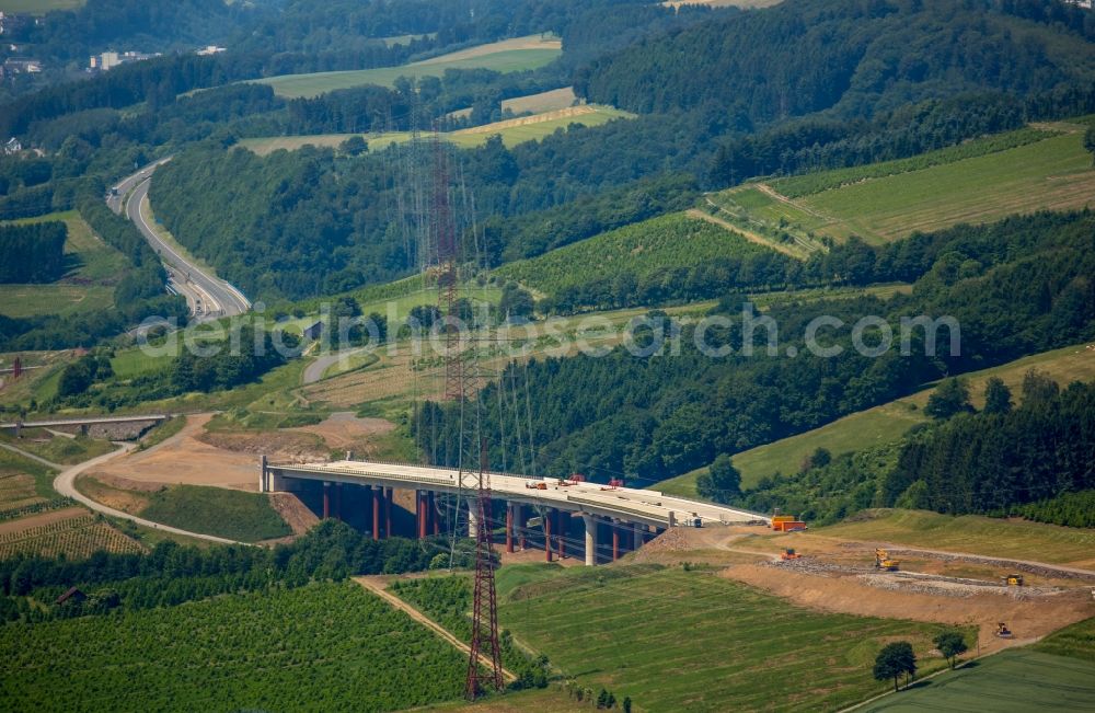 Aerial image Bestwig - Viaduct Nuttlar under construction overlooking the municipality Bestwig in North Rhine-Westphalia