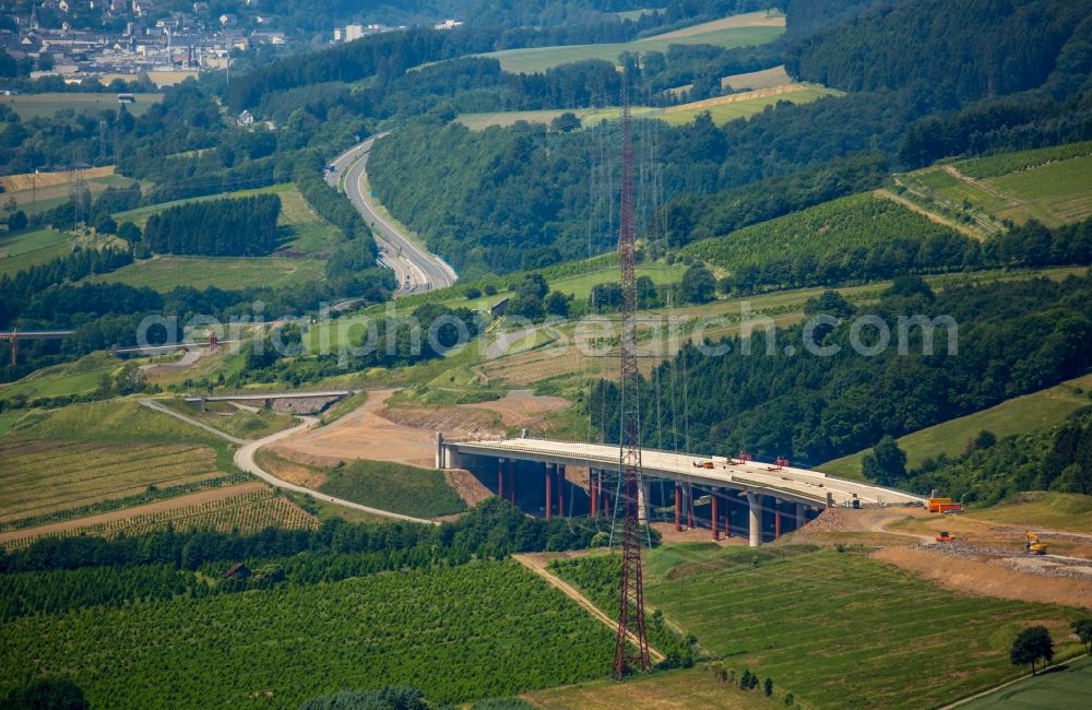 Aerial photograph Bestwig - Viaduct Nuttlar under construction overlooking the municipality Bestwig in North Rhine-Westphalia