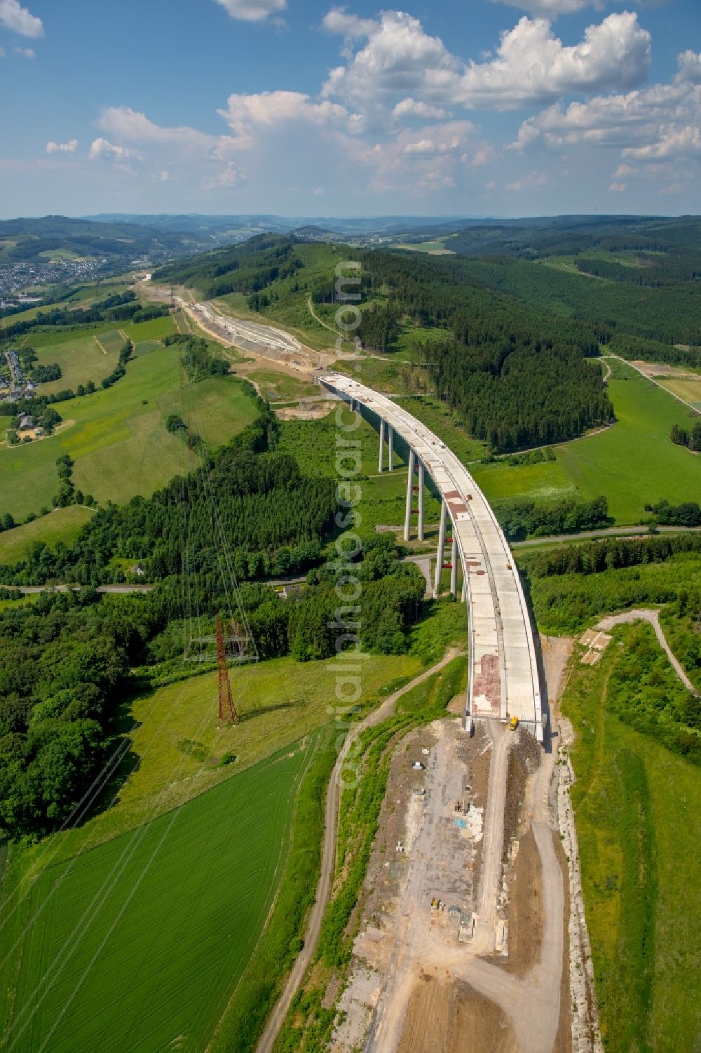 Bestwig from above - Viaduct Nuttlar under construction overlooking the municipality Bestwig in North Rhine-Westphalia