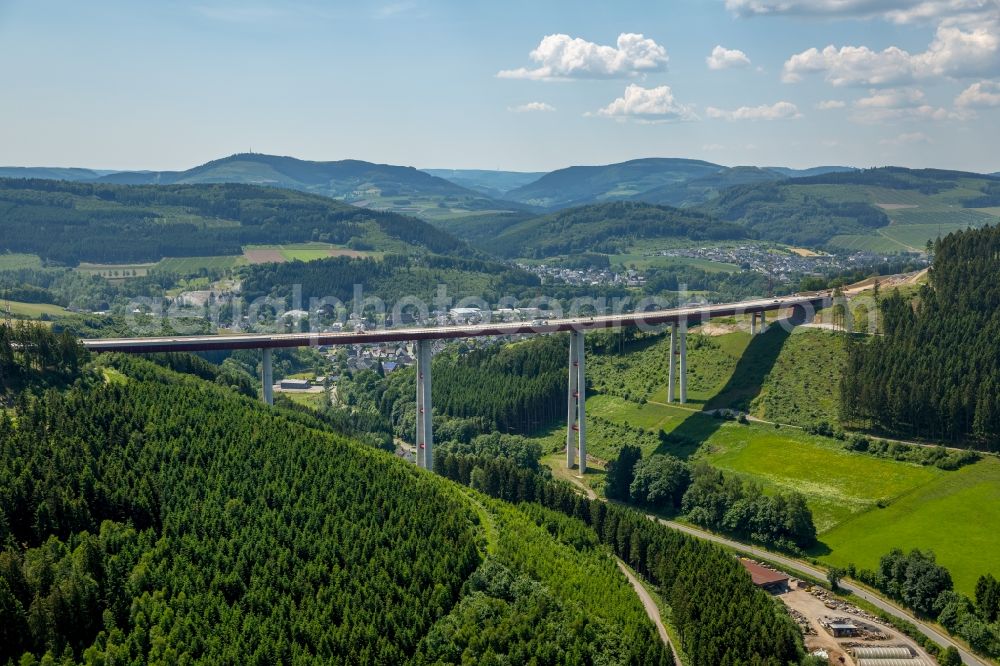 Bestwig from above - Viaduct Nuttlar under construction overlooking the municipality Bestwig in North Rhine-Westphalia