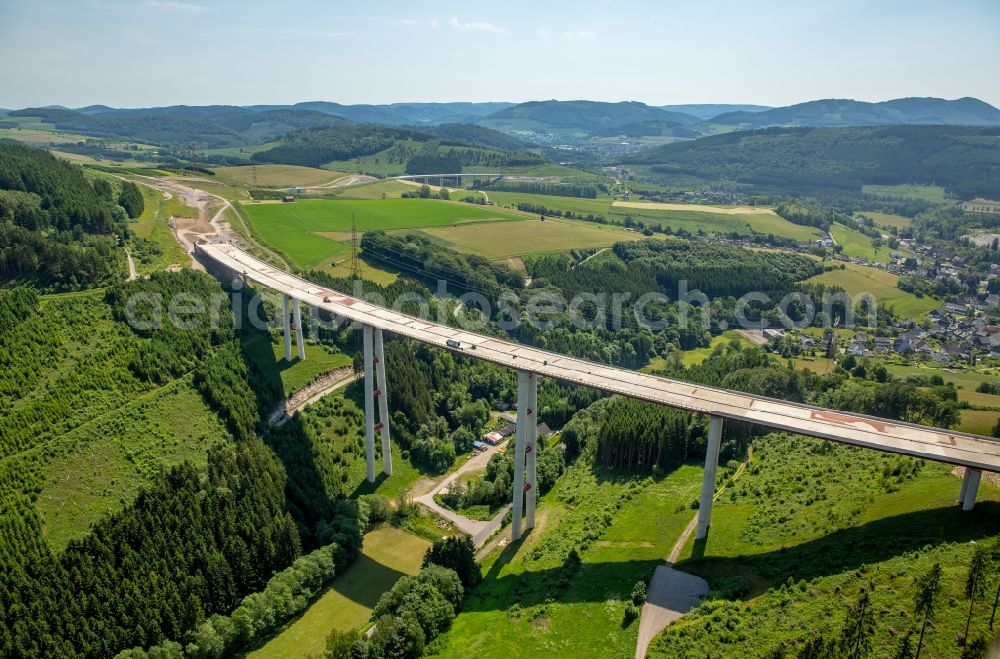 Aerial image Bestwig - Viaduct Nuttlar under construction overlooking the municipality Bestwig in North Rhine-Westphalia