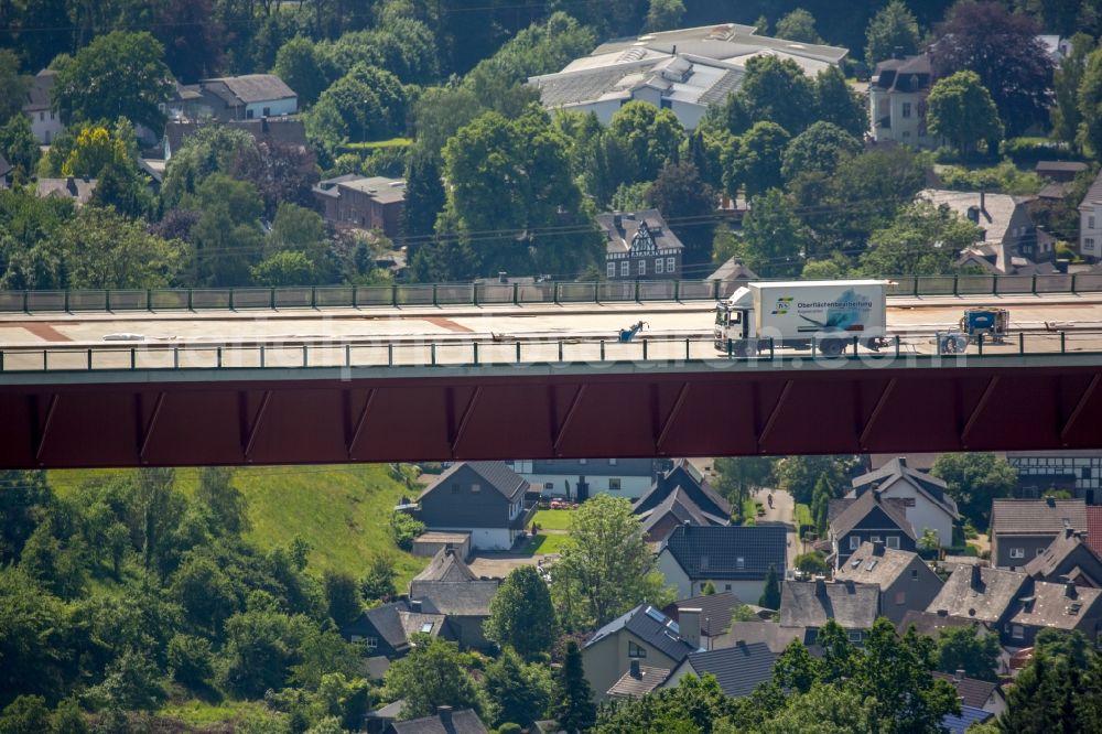 Aerial photograph Bestwig - Viaduct Nuttlar under construction overlooking the municipality Bestwig in North Rhine-Westphalia