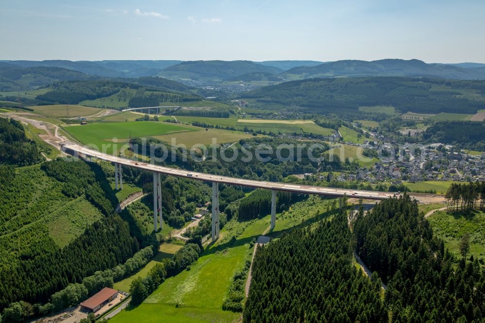 Bestwig from above - Viaduct Nuttlar under construction overlooking the municipality Bestwig in North Rhine-Westphalia