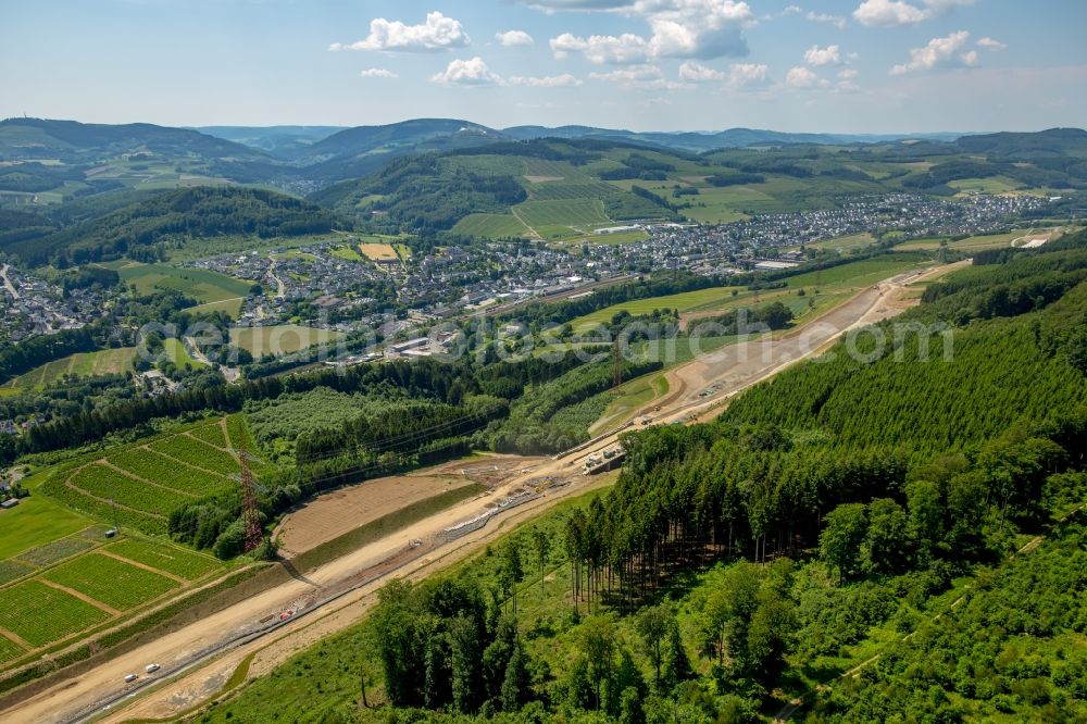 Aerial image Bestwig - Viaduct Nuttlar under construction overlooking the municipality Bestwig in North Rhine-Westphalia