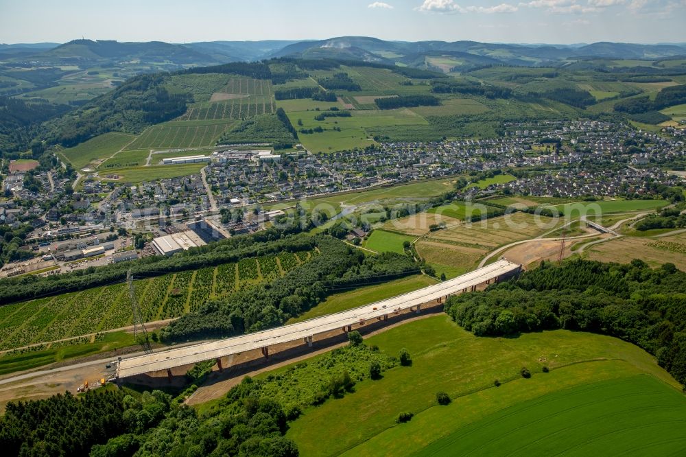 Bestwig from above - Viaduct Nuttlar under construction overlooking the municipality Bestwig in North Rhine-Westphalia