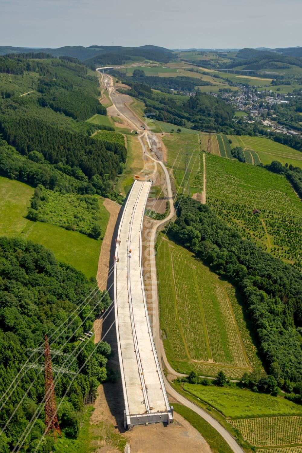 Aerial image Bestwig - Viaduct Nuttlar under construction overlooking the municipality Bestwig in North Rhine-Westphalia