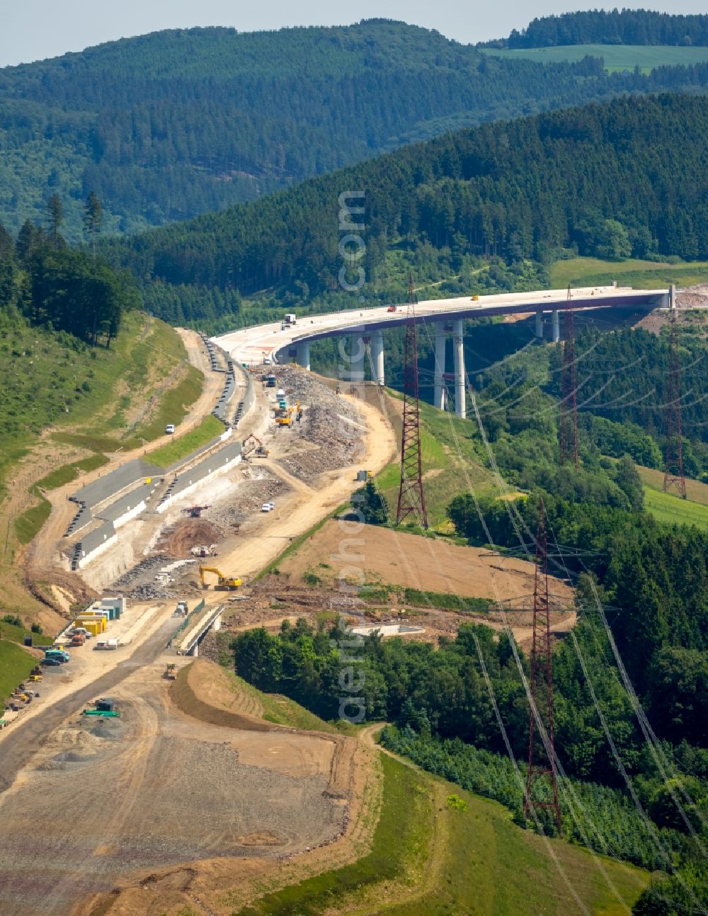 Bestwig from above - Viaduct Nuttlar under construction overlooking the municipality Bestwig in North Rhine-Westphalia