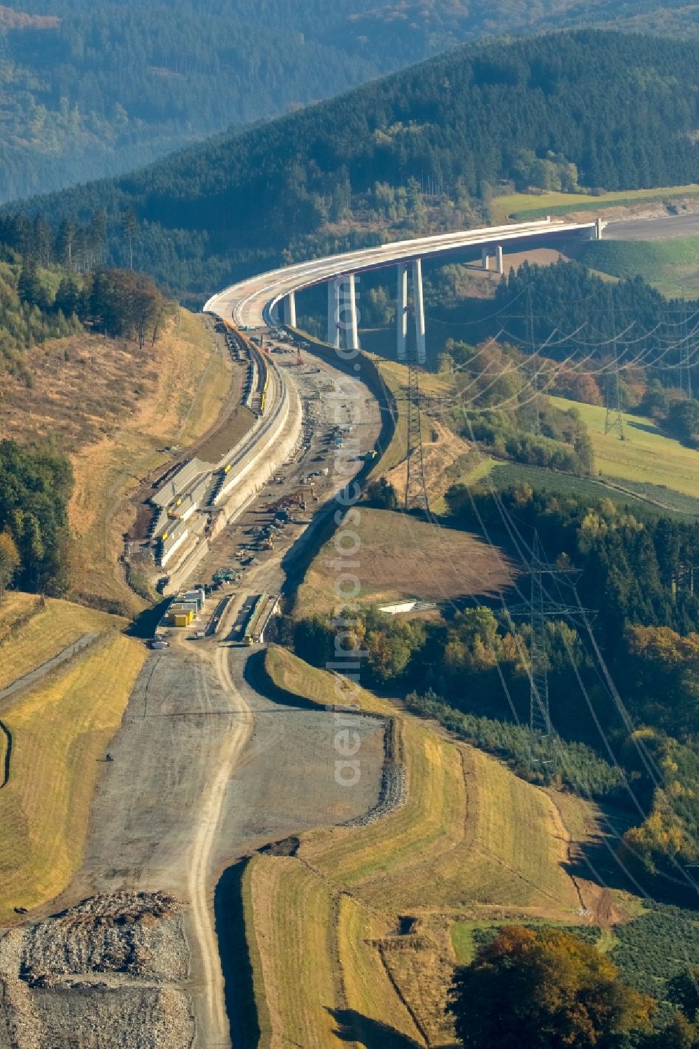 Bestwig from above - Viaduct Nuttlar under construction overlooking the municipality Bestwig in North Rhine-Westphalia