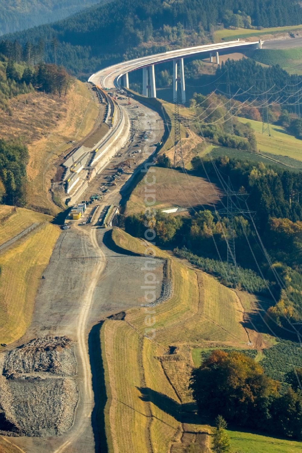 Bestwig from the bird's eye view: Viaduct Nuttlar under construction overlooking the municipality Bestwig in North Rhine-Westphalia