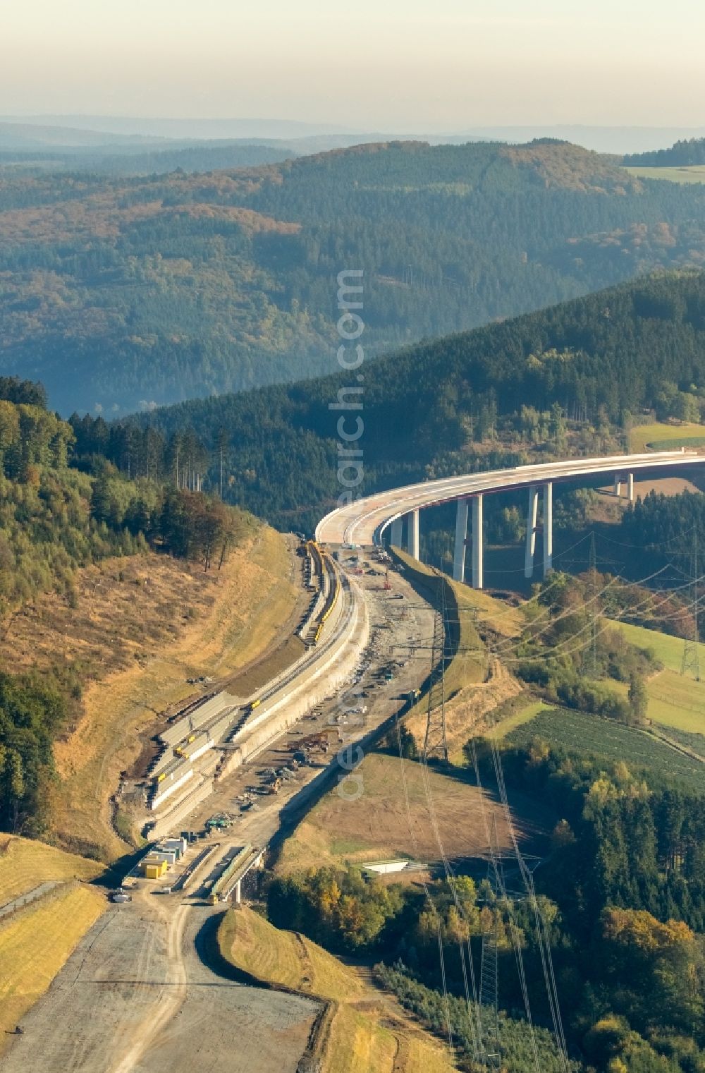 Aerial image Bestwig - Viaduct Nuttlar under construction overlooking the municipality Bestwig in North Rhine-Westphalia