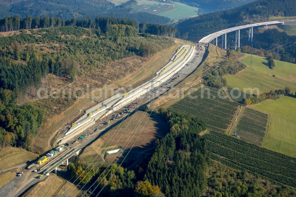 Aerial photograph Bestwig - Viaduct Nuttlar under construction overlooking the municipality Bestwig in North Rhine-Westphalia