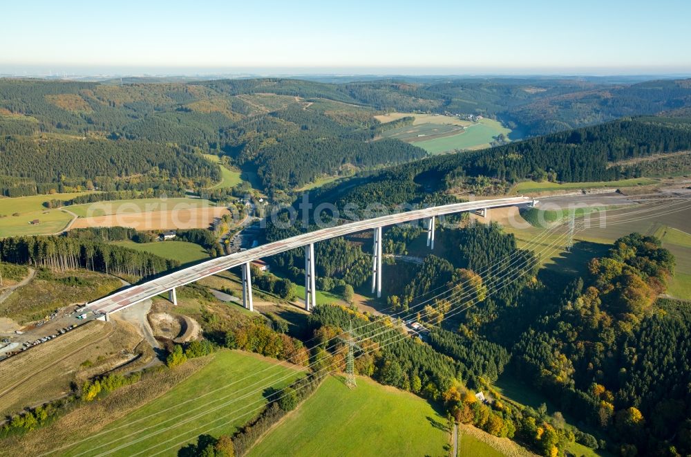 Aerial image Bestwig - Viaduct Nuttlar under construction overlooking the municipality Bestwig in North Rhine-Westphalia