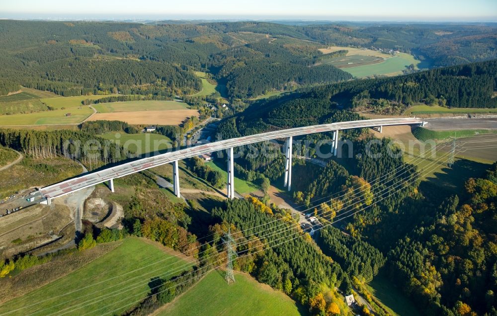 Aerial photograph Bestwig - Viaduct Nuttlar under construction overlooking the municipality Bestwig in North Rhine-Westphalia