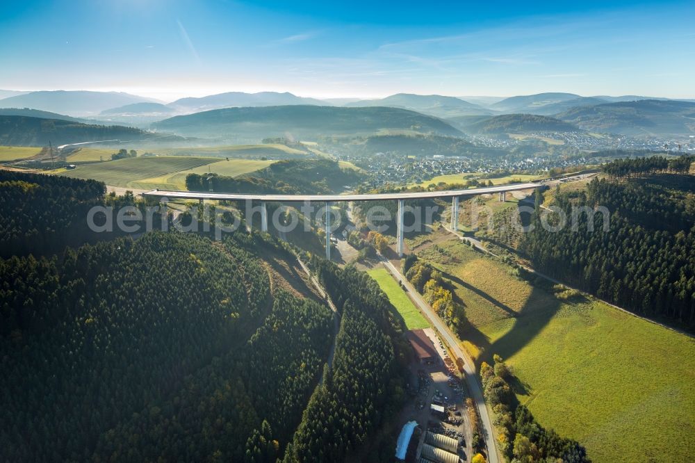 Bestwig from above - Viaduct Nuttlar under construction overlooking the municipality Bestwig in North Rhine-Westphalia