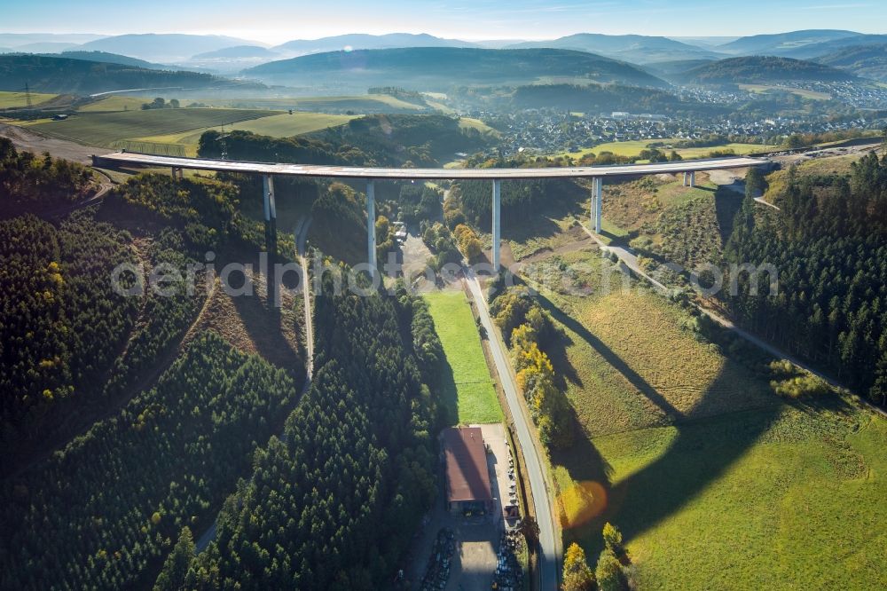 Aerial image Bestwig - Viaduct Nuttlar under construction overlooking the municipality Bestwig in North Rhine-Westphalia