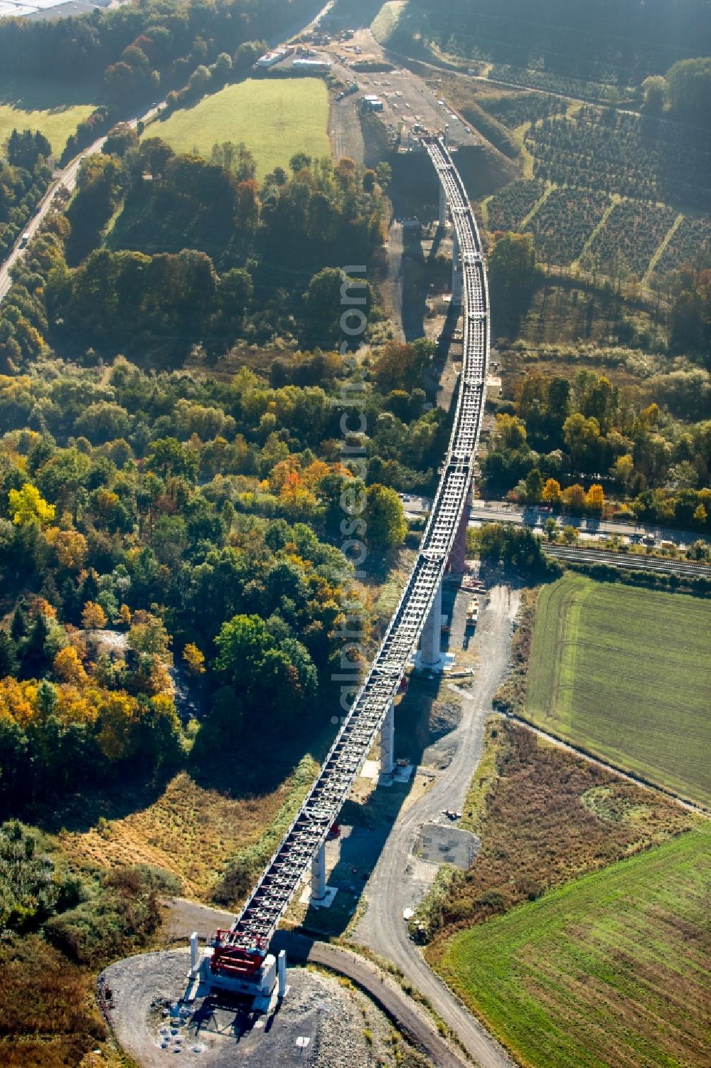 Bestwig from above - Viaduct Nuttlar under construction overlooking the municipality Bestwig in North Rhine-Westphalia