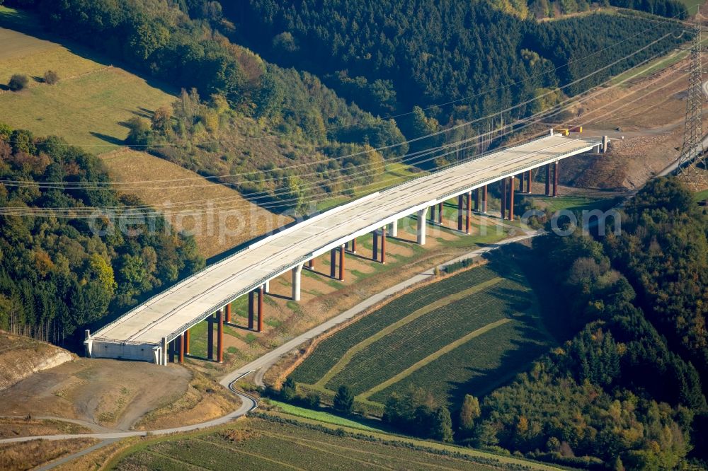 Aerial image Bestwig - Viaduct Nuttlar under construction overlooking the municipality Bestwig in North Rhine-Westphalia