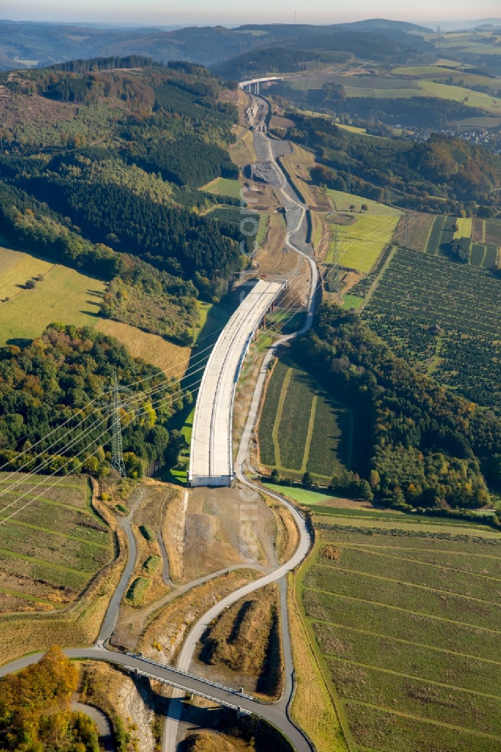 Bestwig from above - Viaduct Nuttlar under construction overlooking the municipality Bestwig in North Rhine-Westphalia