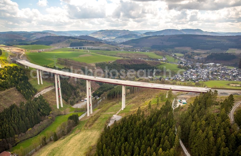 Aerial image Bestwig - Viaduct Nuttlar under construction overlooking the municipality Bestwig in North Rhine-Westphalia