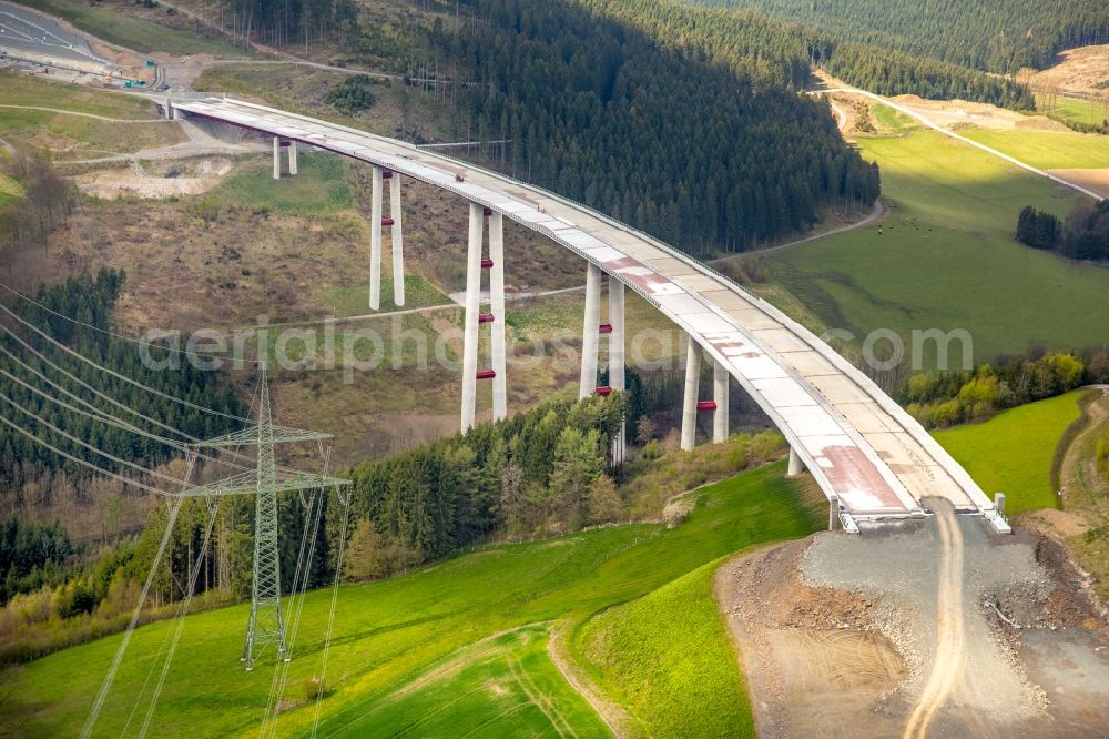 Aerial image Bestwig - Viaduct Nuttlar under construction overlooking the municipality Bestwig in North Rhine-Westphalia