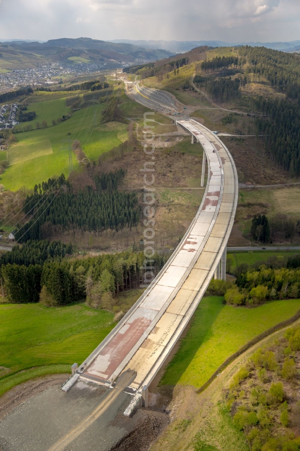 Bestwig from above - Viaduct Nuttlar under construction overlooking the municipality Bestwig in North Rhine-Westphalia