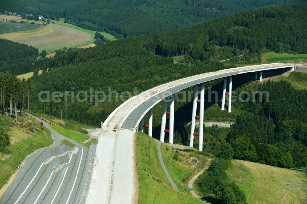 Aerial image Bestwig - Viaduct Nuttlar under construction overlooking the municipality Bestwig in North Rhine-Westphalia