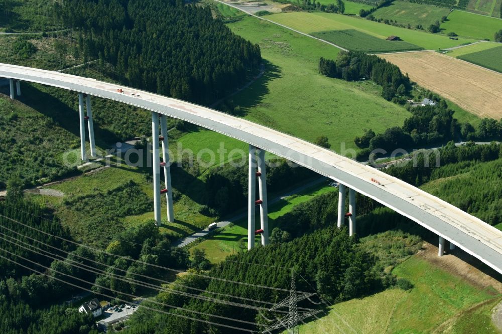 Aerial photograph Bestwig - Viaduct Nuttlar under construction overlooking the municipality Bestwig in North Rhine-Westphalia