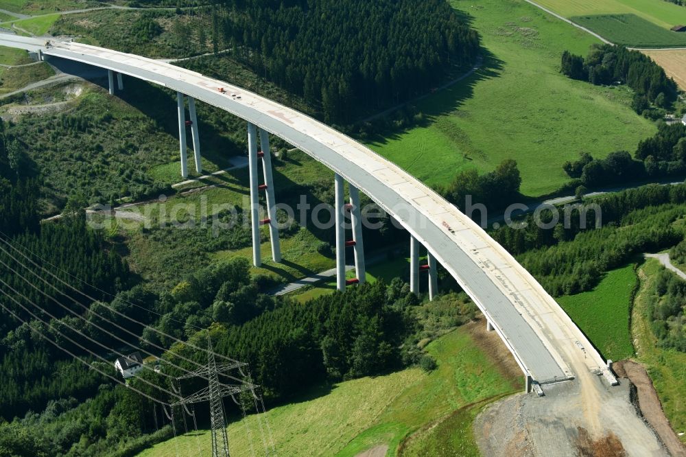 Bestwig from above - Viaduct Nuttlar under construction overlooking the municipality Bestwig in North Rhine-Westphalia